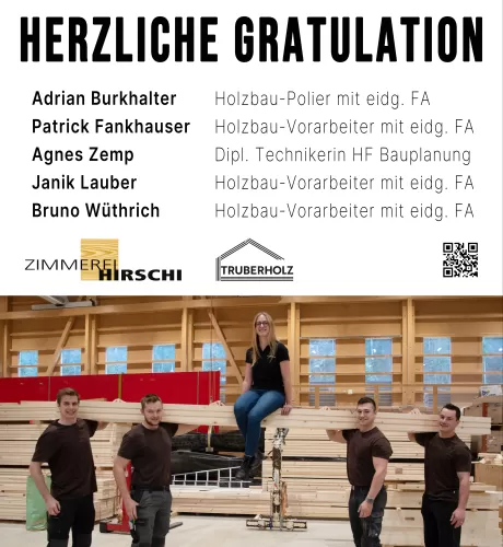 Wir sind stolz darauf, unseren Mitarbeitenden zu ihren erfolgreichen Abschlüssen zu gratulieren! Ihre harte Arbeit, ihr Engagement und ihre Leidenschaft für den Holzbau haben sich ausgezahlt.  Unsere Absolvent:innen im Überblick:  ✔ Adrian Burkhalter – Holzbau-Polier mit eidg. FA ✔ Patrick Fankhauser – Holzbau-Vorarbeiter mit eidg. FA ✔ Agnes Zemp – Dipl. Technikerin HF Bauplanung ✔ Janik Lauber – Holzbau-Vorarbeiter mit eidg. FA ✔ Bruno Wüthrich – Holzbau-Vorarbeiter mit eidg. FA  Diese Erfolge sind nicht 