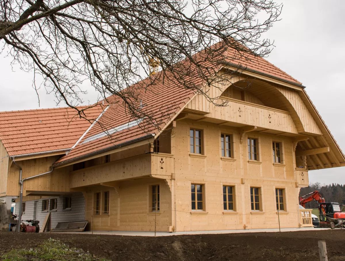 Ein neu erbautes Holzhaus mit roten Ziegeldächern und traditioneller Architektur steht auf einem ländlichen Grundstück; im Vordergrund ist Erde, im Hintergrund sind Wiesen und Bäume zu sehen.