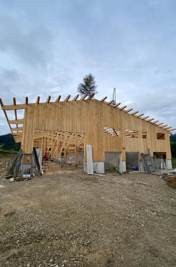 Ein frisch errichtetes Holzgebäude mit sichtbarer Dachkonstruktion: Auf dem First ist der traditionelle Richtbaum angebracht – ein Symbol für gelungenes Handwerk und Baufortschritt. Der Bau steht auf massivem Betonfundament und zeigt die Kombination von moderner Zimmereiarbeit und traditioneller Baukultur. Vor dem Gebäude liegen Baumaterialien, die den laufenden Bauprozess unterstreichen.