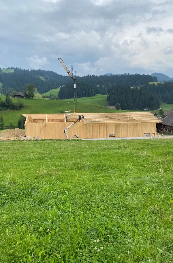 Baustelle einer großen Holzhallenkonstruktion in idyllischer Landschaft: Vor der Kulisse grüner Wiesen und Wälder erhebt sich der Neubau mit bereits fertiggestellten Außenwänden und sichtbarer Dachkonstruktion. Ein Baukran und eine Hebebühne unterstützen die Arbeiten am Dach, während sich das Gebäude harmonisch in die ländliche Umgebung einfügt.