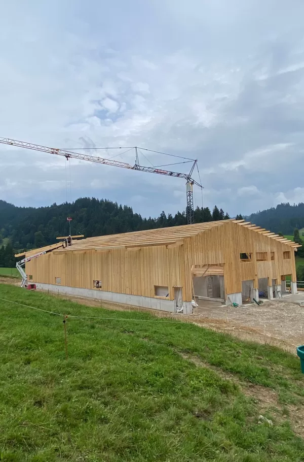 Ein großer Holzbau im Rohbau: Die Fassade aus vertikal angeordneten Holzbrettern steht bereits, das Dach wird mit Hilfe eines Baukrans und einer Hebebühne montiert. Im Hintergrund erheben sich Wälder und Hügel, die den Neubau in die Natur einbetten. Die Szene zeigt Handwerk, Präzision und nachhaltige Bauweise.