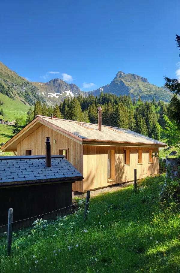 Holzhaus im Bau mit natürlicher Holzfassade inmitten einer Waldlandschaft. Das eingeschossige Gebäude steht auf einem gepflegten Grundstück mit Wiese und Zufahrtsweg. Die Fensteröffnungen sind bereits erstellt, während der Innenausbau noch im Gange ist. Im Hintergrund befinden sich weitere Holzbauten sowie hohe Nadelbäume, die das Gebäude umgeben. Die Aufnahme zeigt die harmonische Einbindung des Holzbaus in die natürliche Umgebung.