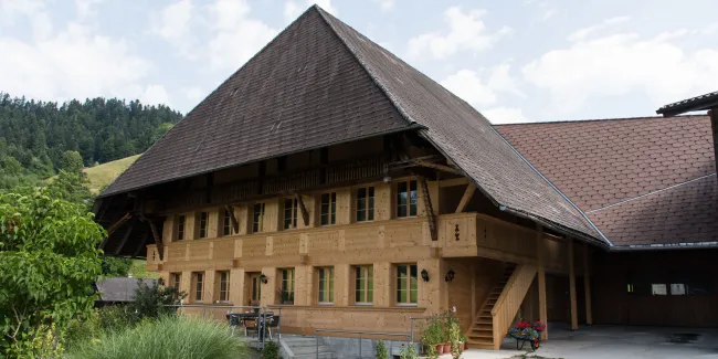 Aussenansicht eines traditionellen Bauernhauses in Holzbauweise mit grossem, steilem Satteldach und holzverschalter Fassade. Das Gebäude verfügt über mehrere Fenster, einen überdachten Bereich sowie eine Aussentreppe. Vor dem Haus befinden sich Sitzgelegenheiten, Pflanzen und ein Kiesplatz, eingebettet in eine ländliche Umgebung mit Hügeln und Bäumen.
