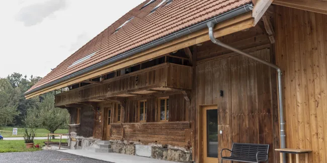 Gemütlicher Wohnbereich im Dachgeschoss mit sichtbaren Holzbalken, grauem Ecksofa und Holztisch.