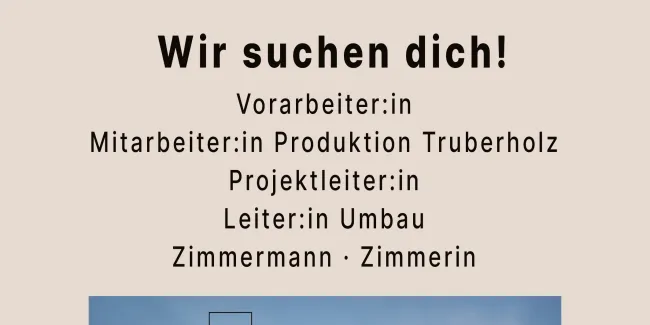 Für dieses Bild sollte der Alt-Text den Zweck des Bildes (Stelleninserat) und die wichtigsten Informationen wiedergeben.  Ich würde folgenden Alt-Text empfehlen:  "Stelleninserat der Zimmerei Hirschi AG mit den offenen Stellen Vorarbeiter:in, Mitarbeiter:in Produktion Truberholz, Projektleiter:in, Leiter:in Umbau sowie Zimmermann oder Zimmerin. Darunter ist ein Foto eines Holzhauses zu sehen.