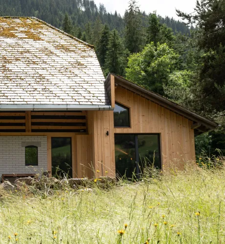 Aussenansicht eines umgebauten Bauernhauses in Holzbauweise mit traditionellem Satteldach, teilweise mit Moos bewachsen. Der Anbau aus hellem Holz fügt sich an den bestehenden Bau an. Im Vordergrund eine Wiese mit hohem Gras, im Hintergrund ein bewaldeter Hang.