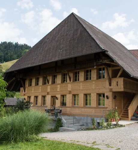 Aussenansicht eines traditionellen Bauernhauses in Holzbauweise mit grossem, steilem Satteldach und holzverschalter Fassade. Das Gebäude verfügt über mehrere Fenster, einen überdachten Bereich sowie eine Aussentreppe. Vor dem Haus befinden sich Sitzgelegenheiten, Pflanzen und ein Kiesplatz, eingebettet in eine ländliche Umgebung mit Hügeln und Bäumen.