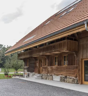 Gemütlicher Wohnbereich im Dachgeschoss mit sichtbaren Holzbalken, grauem Ecksofa und Holztisch.