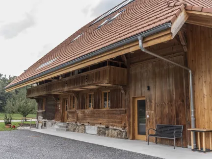 Gemütlicher Wohnbereich im Dachgeschoss mit sichtbaren Holzbalken, grauem Ecksofa und Holztisch.