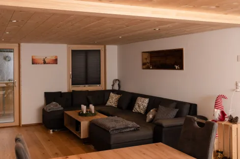 Innenansicht eines gemütlichen Wohnzimmers mit hellem Holzboden und sichtbarer Holzdecke. An der Wand hängt ein Fernseher über einem niedrigen Sideboard. Mehrere Holzfenster geben den Blick in eine bewaldete Landschaft frei. Rechts führt eine Glastür in einen angrenzenden Raum, der Wohnbereich ist warm und wohnlich gestaltet.