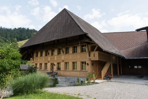 Aussenansicht eines traditionellen Bauernhauses in Holzbauweise mit grossem, steilem Satteldach und holzverschalter Fassade. Das Gebäude verfügt über mehrere Fenster, einen überdachten Bereich sowie eine Aussentreppe. Vor dem Haus befinden sich Sitzgelegenheiten, Pflanzen und ein Kiesplatz, eingebettet in eine ländliche Umgebung mit Hügeln und Bäumen.