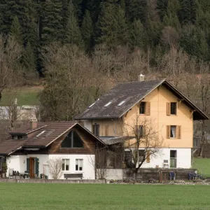 Referenzprojekt der Zimmerei Hirschi AG: Wohnhaus mit umfassend erneuerter Holzfassade, eingebettet in die typische Landschaft des Emmentals mit Wiesen und bewaldetem Hang.