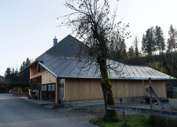 Wohnhaus mit neuem Holzfassaden-Anbau und grauem Satteldach, gelegen an einer Straße mit Bäumen und umgeben von ländlicher Umgebung.