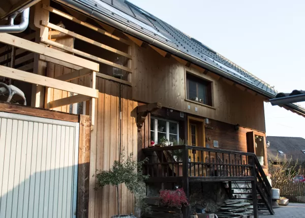 Eingangsbereich eines Holzhauses mit Treppe, Balkon und neuer Holzverkleidung, im warmen Tageslicht aufgenommen.