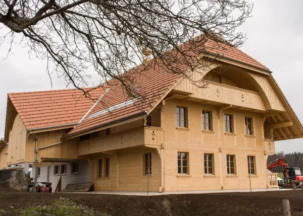Ein neu erbautes Holzhaus mit rotem Ziegeldach und traditionellen Holzelementen, aufgenommen auf einer ländlichen Baustelle.
